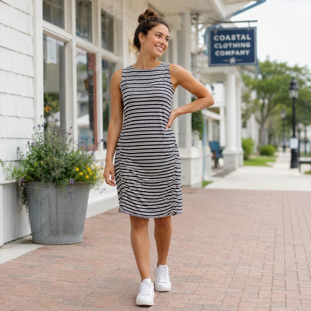 Athleta Striped Ruched Sleeveless Knit Dress Navy White Medium